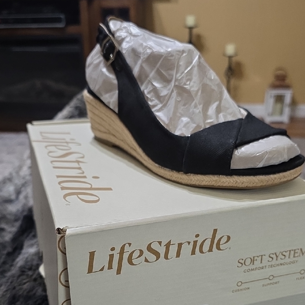 Life Stride Black and Natural Espadrille Wedge Sandals